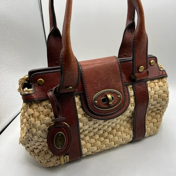 New Fossil Vintage Reissue Large Woven Straw Leather Trim Handbag, $198 - Picture 2 of 15